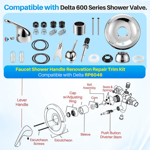 Shower Handle Renovation Kit For Delta RP6046 And 600 Series Valves Single Lever Chrome Trim Repair Replacement Includes Push Button Diverter DIY Friendly Kit diagram