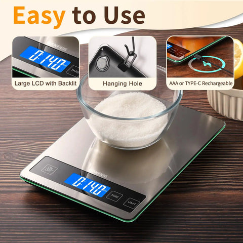 Pro Grade Digital Kitchen Scale With 33 Pound Capacity, Stainless Steel And Tempered Glass Surface, USB Rechargeable