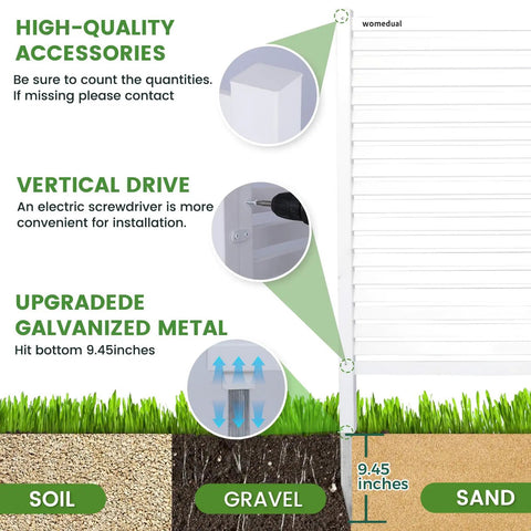 Installation guide showing soil, gravel, and sand compatibility for Outdoor Privacy Fence Panels 36 By 45 Inches White Vinyl 2 Pack No Fuss.