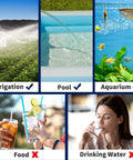 Image displaying various water uses: irrigation, pool, and aquarium with check marks; food and drinking water with X marks.