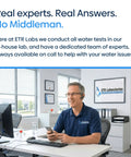 No Sweat Home Water Test Kit That Screens 118 Contaminants Like Heavy Metals Lead And Nitrates With Prepaid Mailing Box And Certified Lab Analysis For Rock Solid Tap Or Well Safety - ETR Labs expert helping customers in office.