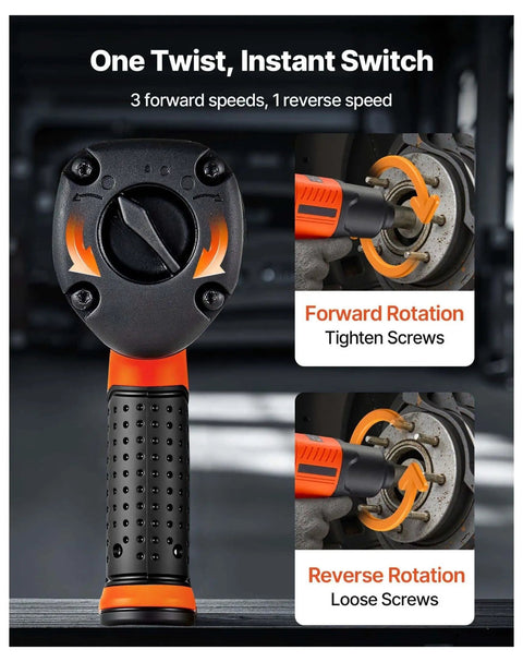 Professional Grade Badass 1/2 Inch Drive Air Impact Wrench control panel with one twist switch for forward and reverse speeds.
