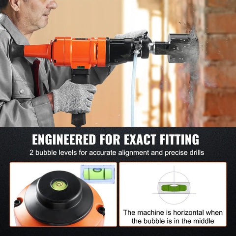 Person using Handheld Wet Diamond Core Drill for Concrete and Masonry, 4 Inch Core Drill Rig With 1100 2400 RPM Two Speed, 1500W on wall