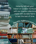 Stacked fabric rolls and shelves with various cushions for indoor or outdoor furniture use, emphasizing durability and style.