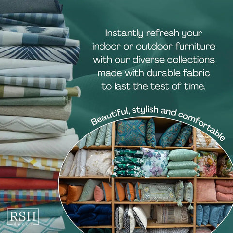 Stacked fabric rolls and shelves with various cushions for indoor or outdoor furniture use, emphasizing durability and style.