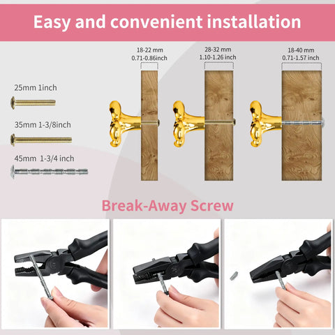 Premium Solid Brass Gold Cabinet Knobs With Cherry Blossom Flower Design installation guide with screw sizes and break-away screws.
