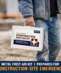 Metal first aid kit with carrying handle, front view, white, 185-piece for construction-site use