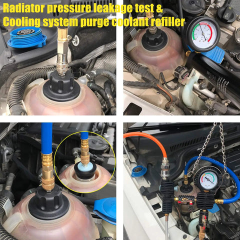 Built Tough 33 Piece Radiator Pressure Tester And Coolant Vacuum Refill Kit with pressure gauge and hoses for leak testing in vehicle.