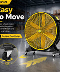 30 Inch Industrial Floor Drum Fan Heavy Duty High Airflow Cooling showcasing easy roll caster wheels for portable use.