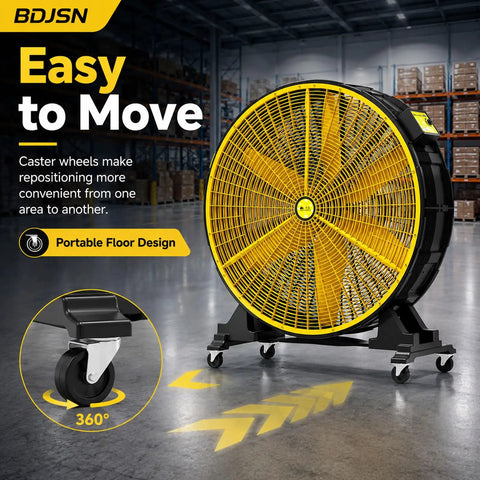 30 Inch Industrial Floor Drum Fan Heavy Duty High Airflow Cooling showcasing easy roll caster wheels for portable use.