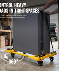 Heavy-Duty Moving Dolly For Appliances And Furniture, 2000 Lb Capacity, Adjustable 6 To 46 Inches, Built For Easy Material Handling And Reducing Lifting And Dragging On Heavy Loads. Yellow steel dolly with 360° swivel casters under a refrigerator.