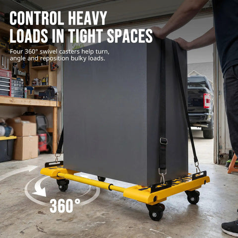 Heavy-Duty Moving Dolly For Appliances And Furniture, 2000 Lb Capacity, Adjustable 6 To 46 Inches, Built For Easy Material Handling And Reducing Lifting And Dragging On Heavy Loads. Yellow steel dolly with 360° swivel casters under a refrigerator.