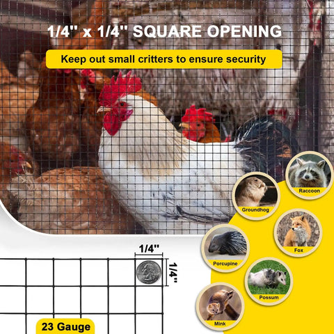 Heavy Duty Black Hardware Cloth Roll PVC Vinyl Coated Galvanized Steel Wire Mesh One Quarter Inch 23 Gauge Size with small openings for chicken coops.