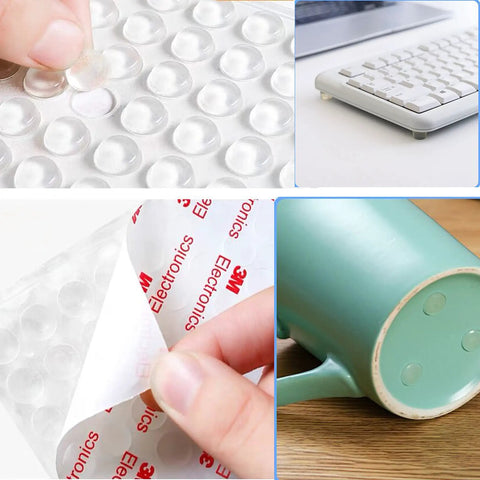 Clear Self Adhesive Cabinet Door Bumpers, 100 Pack Silicone Rubber Cushions applied on keyboard, mug, easy installation.