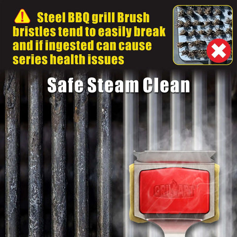SteamWizards No Bristle Grill Brush With Replaceable Cleaning Head for Safe Steam Clean on Cast Iron and Stainless Steel Grates