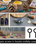 Built Tough Black One Inch Screw Eye Hooks Two Hundred Pack For Jewelry Making Ornament Hangings Rust Corrosion Resistant Metal Hardware No Sweat Quick Mounts Gear displayed with crafts and decor.