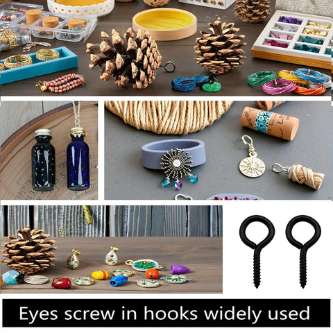 Built Tough Black One Inch Screw Eye Hooks Two Hundred Pack For Jewelry Making Ornament Hangings Rust Corrosion Resistant Metal Hardware No Sweat Quick Mounts Gear displayed with crafts and decor.