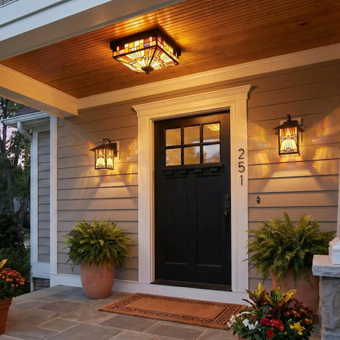 Front porch with Tiffany Style Outdoor Wall Lantern With Handcrafted Orange Yellow Brown Art Glass Geometric Classic Design 1 Light 100W