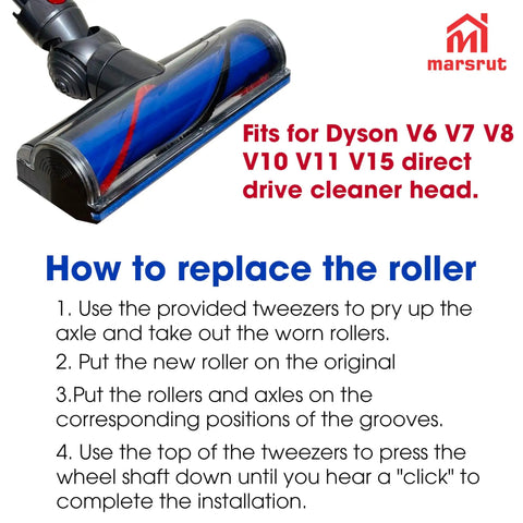 4 Pairs Soleplate Wheels Replacement For V6 V7 V8 V10 V11 V15 Drive Cleaner Head Rollers, installation instructions visible