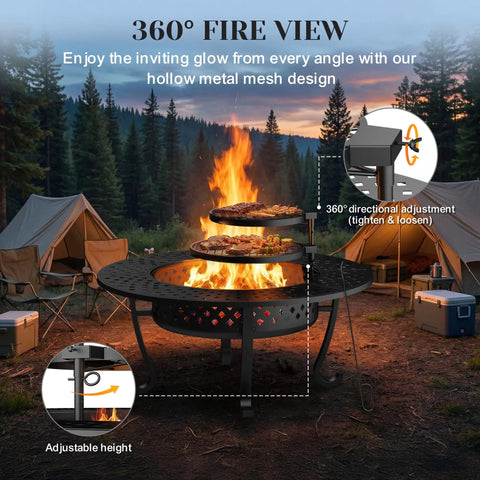 43 Inch Outdoor Fire Pit Table With Two Removable Grills, Lid, And Poker set in a campsite with tents and forest background