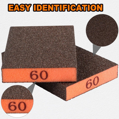 Close-up of 60 grit sanding sponges from 8 Pack Sanding Sponges Set With 60 80 120 220 Grit For Drywall Wood Metal And Furniture Washable Reusable Sandpaper Blocks For Pro Level Finishing And Smooth Surfaces with easy identification marking.
