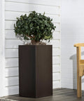 Badass Hammered Spray Paint In Sleek Dark Bronze Knocking Out Rust And Delivering All Weather Armor For Your Toughest Metal Wood Or Concrete DIY Builds That Never Quit on a tall planter with a leafy tree.