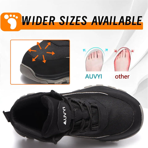 Top view of Steel Toe Work Boots For Men With Wide Toe Fit Breathable Fly Knit Mesh And Leather Upper Slip Resistant