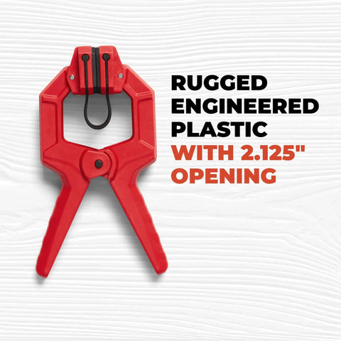 Edge Band Spring Clamp Set Of Four For Woodworking And Home Improvement Projects Handy Adjustable Band Clamps For Gluing Clamping Cutting And Assembly In The Wood Shop, red plastic spring clamp with 2.125-inch opening