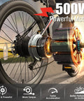 500W Electric Mountain Bike With Cruise Control And Pedal Assist For Adults 26 Inch Wheels 21 Speed Drivetrain 48V 375Wh Battery Smooth Acceleration Kickass Hill Climb Long Range Commuter EBike UL2849 Certified rear wheel motor close-up