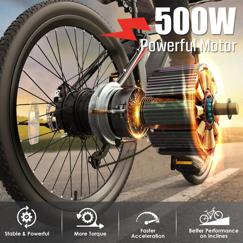 500W Electric Mountain Bike With Cruise Control And Pedal Assist For Adults 26 Inch Wheels 21 Speed Drivetrain 48V 375Wh Battery Smooth Acceleration Kickass Hill Climb Long Range Commuter EBike UL2849 Certified rear wheel motor close-up