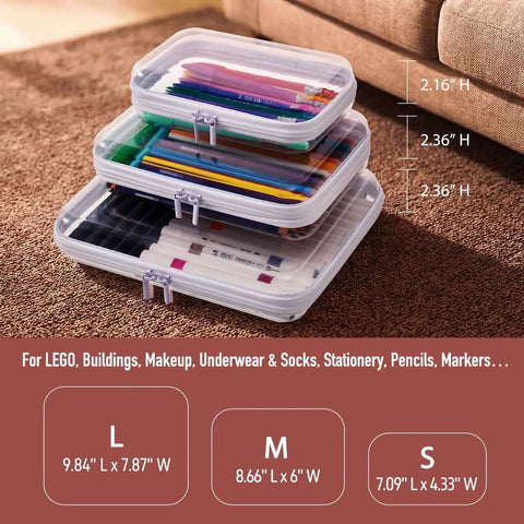 Hella Tough Four Piece Clear Hard Shell Case With Secure Zipper Closure, stacked cases holding pens and markers, ideal for organizing.