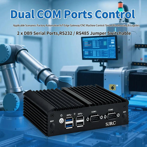 Dual COM Ports control device with USB and serial ports in a factory environment, ideal for automation and IoT applications.