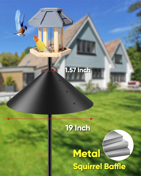 19 Inch Metal Squirrel Baffle For Bird Feeder Poles And Shepherds Hook installed on a pole with a bird feeder, outdoor setting.