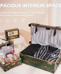 Open Army Green Vintage 3 Piece Luggage Set showing interior space with clothing inside, hardside, lightweight, retro vibe design.