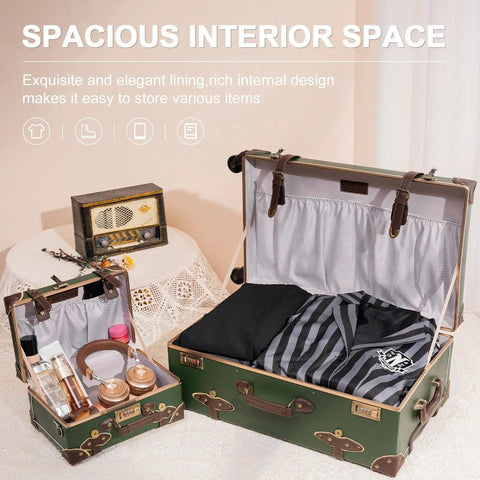 Open Army Green Vintage 3 Piece Luggage Set showing interior space with clothing inside, hardside, lightweight, retro vibe design.