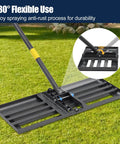 Heavy Duty Lawn Leveling Rake With 27 Inch Wide Head And 72 Inch Adjustable Handle on grass showing foldable mechanism.