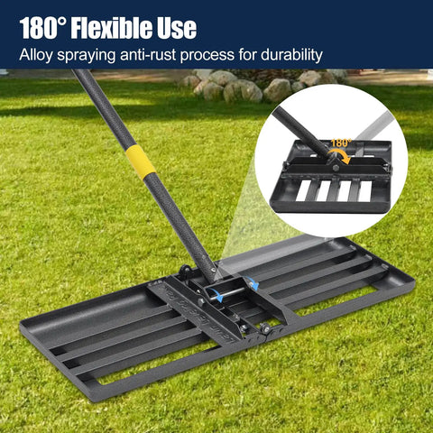 Heavy Duty Lawn Leveling Rake With 27 Inch Wide Head And 72 Inch Adjustable Handle on grass showing foldable mechanism.
