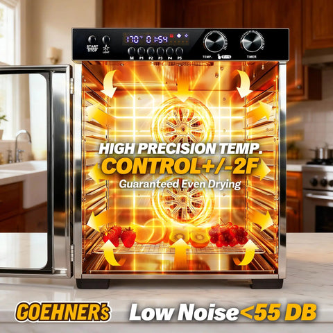 Rock Solid Commercial Food Dehydrator With 12 Stainless Steel Trays showcasing interior, high precision temp control, and low noise feature.