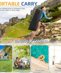 Person hiking with Extra Wide 32 Inch Camping Cot With Thick Mattress Holds Up To 600 Lbs in carrying bag, various usage scenarios.