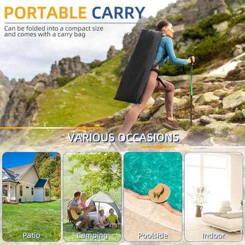 Person hiking with Extra Wide 32 Inch Camping Cot With Thick Mattress Holds Up To 600 Lbs in carrying bag, various usage scenarios.