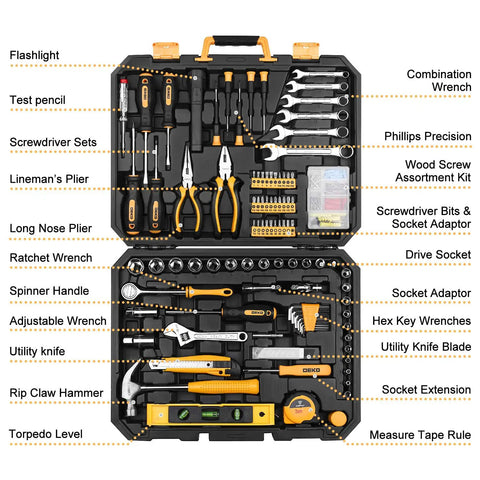 208 Piece General Household Hand Tool Kit With Plastic Storage Case Auto And Home Repair Ready DIY Must Have Set organized in black case