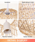 Detail display of Boho Chic Natural Rattan Pendant Light with woven shade, showing E26/E27 compatibility and handwoven rattan material.