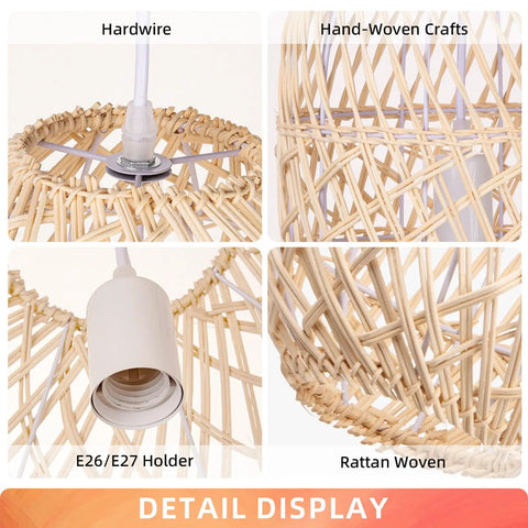 Detail display of Boho Chic Natural Rattan Pendant Light with woven shade, showing E26/E27 compatibility and handwoven rattan material.