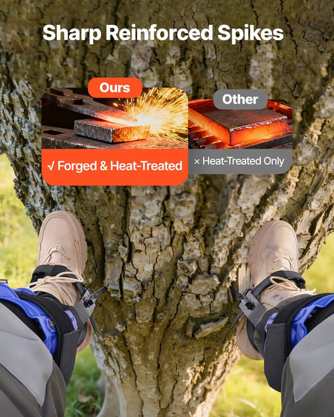 Height Adjustable Tree Climbing Spikes Set With Straps And Waist Harness Heavy Duty Steel Climb Spurs in use against tree bark
