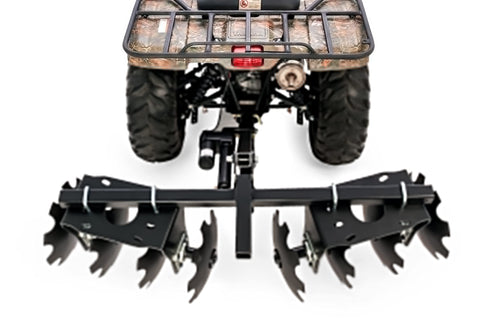 ATV UTV Disc Harrow Implement for Tough Ground With Eight Rotating Discs attached to ATV for soil preparation