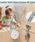 Hella Strong Soft Close Hinges For Toy Boxes with hydraulic cushion on wooden chest, child engaged with open lid, safe function.
