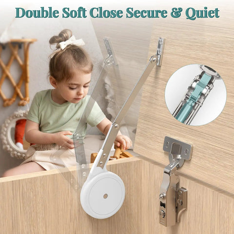 Hella Strong Soft Close Hinges For Toy Boxes with hydraulic cushion on wooden chest, child engaged with open lid, safe function.