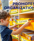 Child using 40 Pack Desk Name Plates For Classroom With Alphabet And Number Line to organize yellow bins on shelf.