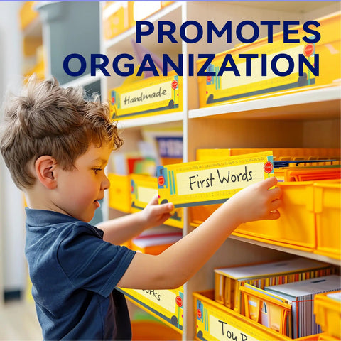Child using 40 Pack Desk Name Plates For Classroom With Alphabet And Number Line to organize yellow bins on shelf.