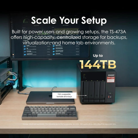 Heavy-Duty 4-Bay Desktop Nas Built To Crush Massive Data Loads Without Breaking A Sweat, featuring lockable drive bays on a desk.